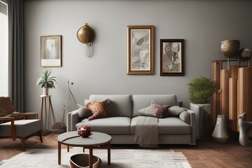 The stylish ethnic composition at living room interior with design brown armchair, rattan sideboard and elegant personal accessories. Grey concrete wall. Cozy apartment. Home decor. - generative ai
