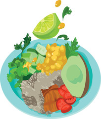 Mittagessen: Reis mit Fleisch und Gemüse, Brokkoli, Tomaten, Mais