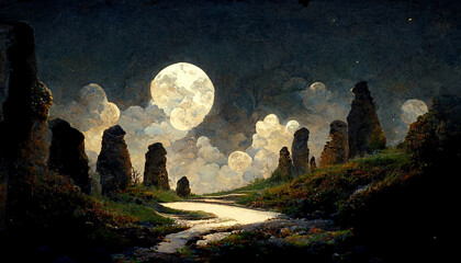 Beautiful nights stone paths many beautiful high and low trees Generative AI Content by Midjourney