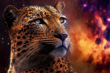 Fototapeta na wymiar Powerful Epic Legendary Leopard Jaguar in Universe. Spiritual Animal Awakening Concept.Magical Fantasy Epic Wallpaper. Generative AI.