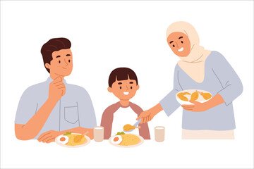 vector illustration of a muslim family enjoying food together on the table happily