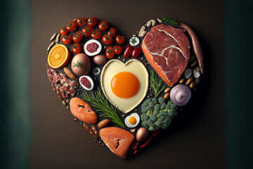 Healthy diet foods in a hearth shape. Generative AI 