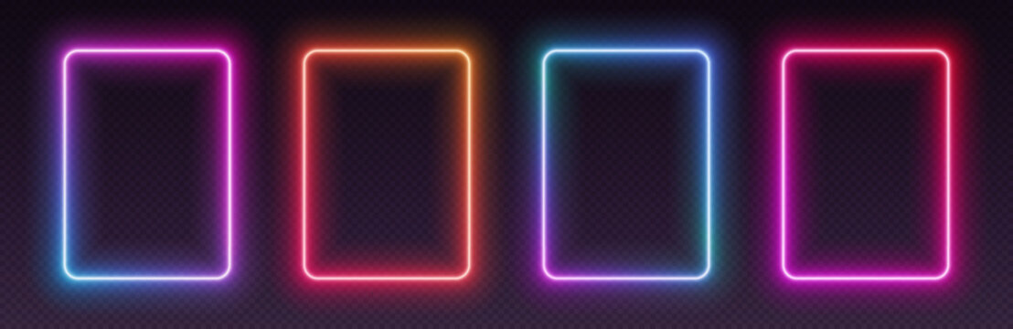Neon gradient rectangular frames, glowing borders set, colorful futuristic UI design elements. Vibrant geometric shapes, modern signs collection. Bright social media templates. Vector illustration.