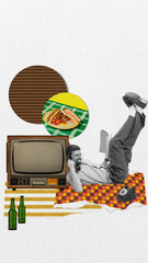 Creative collage in retro style. Funny guy sitting at home with phone near TV set. Concept of home...