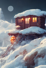 A small cabin on top of a snowy mountain Generative AI Content by Midjourney