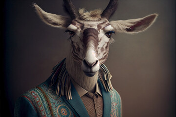 Antelope wearing a traditional costume. Dressed animal portrait. Ai generated.