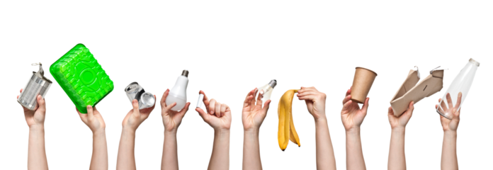 A lot of woman's hands are holding different kind of garbage on the transparent background