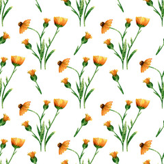 Seamless calendula flower pattern. Watercolor background with yellow and orange wildflower, green leaves. Ornament with plants for textile, wallpapers - obrazy, fototapety, plakaty