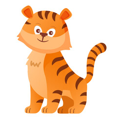 Fototapeta na wymiar Cute tiger cartoon.Character funny animal. Muzzle emotions smiling.Vector flat illustration.Isolated on white background.