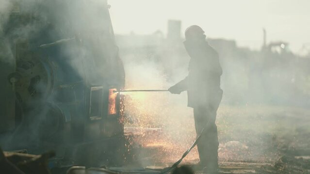 Metal Torcher Cutting Metal Slow Motion with Sparks and Fire