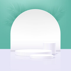 3 white cylinder pedestal podium with green background, platform scene for product display or showcase, realistic 3d circle stage background.