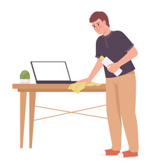 Fototapeta na wymiar Man cleaning wooden table surface with cloth semi flat color vector character. Editable figure. Full body person on white. Simple cartoon style illustration for web graphic design and animation