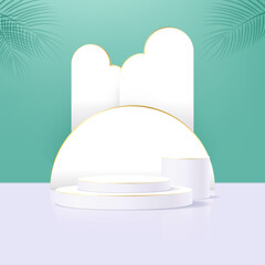 2 white cylinder pedestal podium with gold ring and green background, platform scene for product display or showcase, 3d realistic circle stage background.