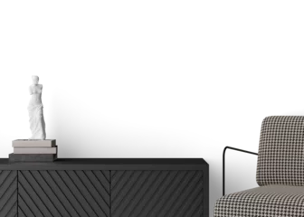 Fotobehang Per kamer Wallpaper presentation mock up. Sideboard with home accessories on transparent background. Copy space for wallpaper design, wall panels, photo wallpaper, print or paint. Interior mockup. 3D render.  © Creative_Bird