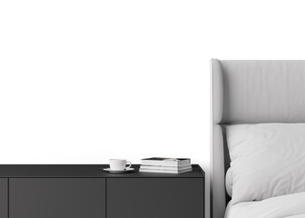 Wallpaper presentation mock up. Sideboard with home accessories on transparent background. Copy space for wallpaper design, wall panels, photo wallpaper, print or paint. Interior mockup. 3D render. © Creative_Bird