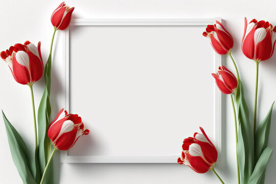 close-up of a white frame with red tulips, ai generated