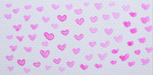 hand-painted watercolor pink hearts pattern, white background