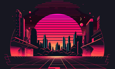 Poster in the style of the 80s. Retro style, neon, cyberpunk, futuristic, landscape, night city, game, rocks, skyscrapers, futurism,street, bright design. Creativity concept. Vector illustration