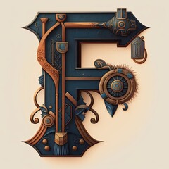 Capital letter F, steampunk alphabet in bronze metal and navy blue, AI generative.
