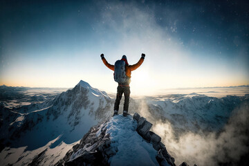 Achieving your dreams concept, with mountain climber celebrating success on top of mountain, Generative AI illustration
