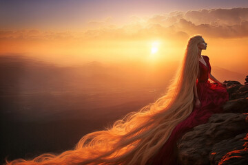 Beautiful woman with extremly long hair standing on mountain top, GEnerative AI illustration