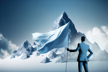 Setting up goals concept with businessman holding flag in front of majestic mountain , Generative AI illustration