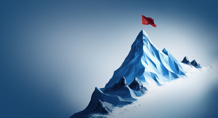 Achievement banner. Red Flag on top of mountain. Successful concept, Generative AI illustration