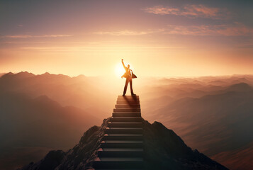 Business success concept with businessman on top of mountain, Generative AI illustration