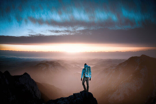 Success concept with mountain climber in blue jacket standing on mountain top at sunset, Generative AI illustration