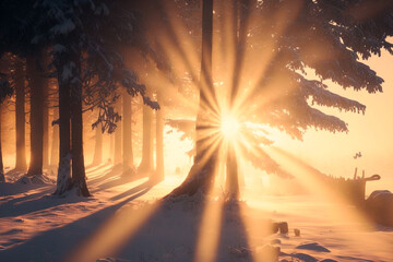 Spectacular winter landscape with sun rays and beams of light between trees at sunset, Generative AI illustration