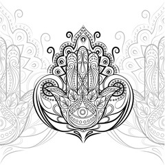 Fototapeta na wymiar Hamsa silhouette. A great card for any other type of design, birthday and other holiday, kaleidoscope, medallion, yoga, India, Arabic. Tattoo, print and logo design. Isolated vector illustration.
