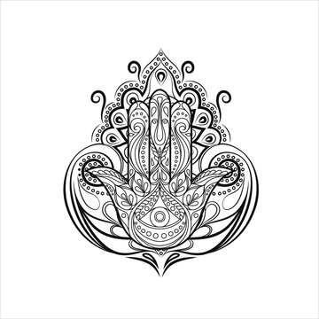 Hamsa silhouette. A great card for any other type of design, birthday and other holiday, kaleidoscope, medallion, yoga, India, Arabic. Tattoo, print and logo design. Isolated vector illustration.