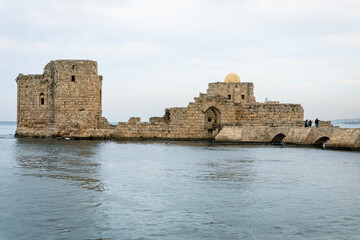 Ruins of the Crusaders Castle in Sidon. Sidon Sea Castle in Saida, Lebanon.