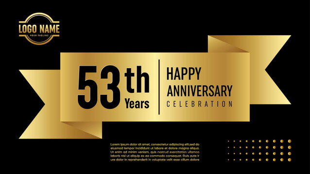 53 year anniversary. Anniversary template design concept with golden ribbon for anniversary celebration event, invitation card, greeting card, banner, poster, flyer, book cover. Vector Template
