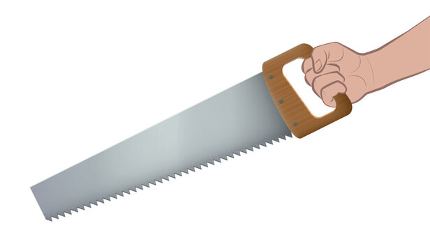 Hand saw, craftsman holding a ripsaw with wooden handle, metal saw blade and pointed sharp saw teeth. Isolated vector illustration on white background.
