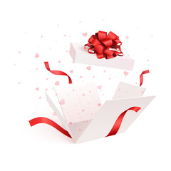 Open Gift Box with Hearts Confetti Burst. Valentines Day. Vector Design