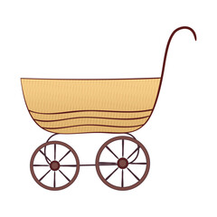 Fototapeta na wymiar an old traditional farm cart or stroller for a baby with a wicker basket for transporting babies or produce, vegetables, fruits and other goods