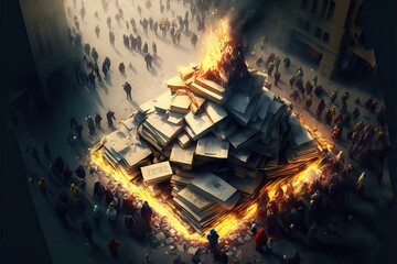 A pile of books burning in fire in the city, reflecting imposition of censorship and lack of freedom of mind to people on diverse moments of human history, generative ai - obrazy, fototapety, plakaty