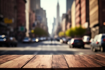 Empty wooden table surface with copy space, city on background. AI	