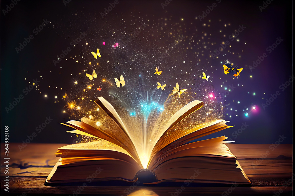 Wall mural Opened magic fantasy book with magical flying butterflies above upwards