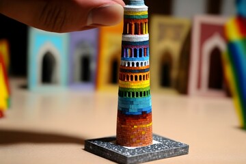 tiny diorama of qutb minar, bright colors