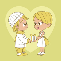 Boy giving with knitted hat giving gift to his girl on valentines day