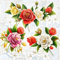 Pattern with roses. Bouquet of flowers. Beautiful illustration of Roses on white Background. Colorful Flowers.
