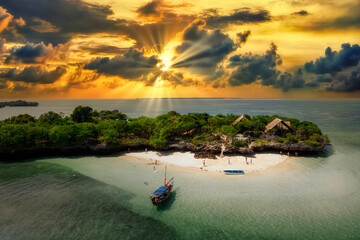 Tropical paradise island Zanzibar aerial view. Place the mangrove forest of Michamvi Safari Blue