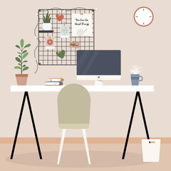 Illustration of modern desk work place decor inspiration with iron mesh mood board vector stock