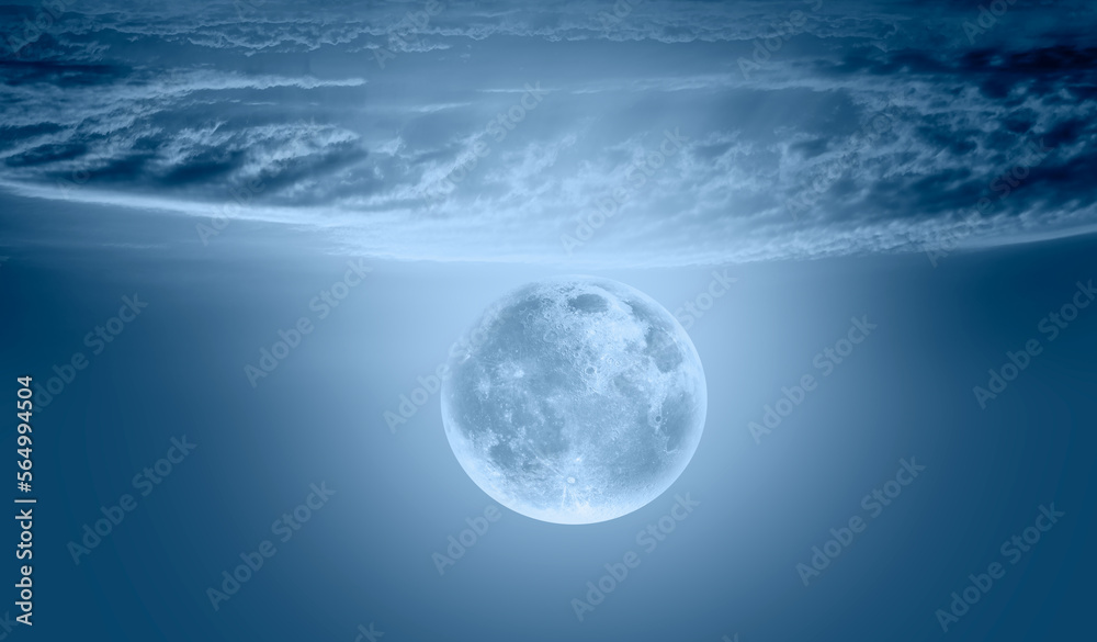 Poster night sky with full bright moon in the clouds 