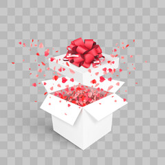 Open Gift Box with Hearts Confetti Burst. Valentines Day. Vector Design