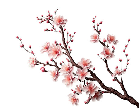 Cherry tree branch with pink flowers. Sakura blossom. Isolated design element on the transparent background.  Generative AI.
