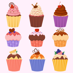 Illustration of colorful sweet cupcakes with various toppings and flavors collection vector stock