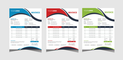 Vector invoice template design for your business  company - Red green and Blue version